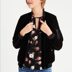 American Eagle Black Velvet Zip Up Bomber Jacket